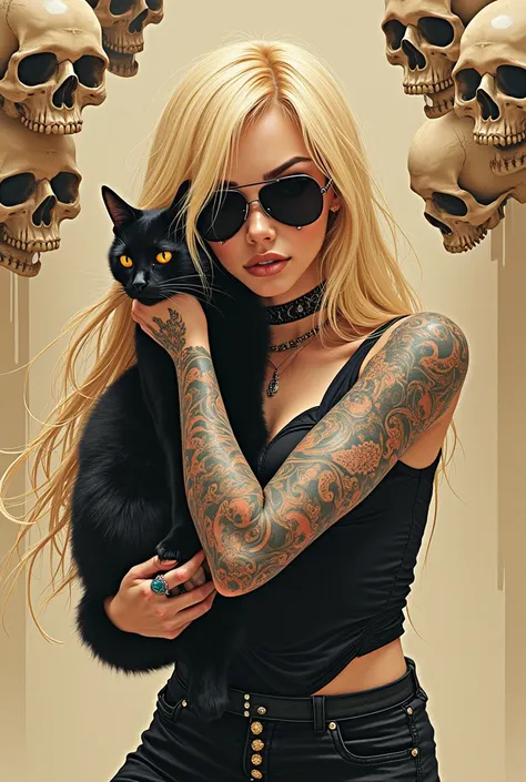 Masterpiece, excellent quality, rock girl beauty, author: Conrad Roset, cool girl, rock star girl, black aviator glasses, wears rock star clothes, has tattoos on her arms, long flowing blonde hair, elegant pose, hugging a cat, lack of metal, surreal minima...