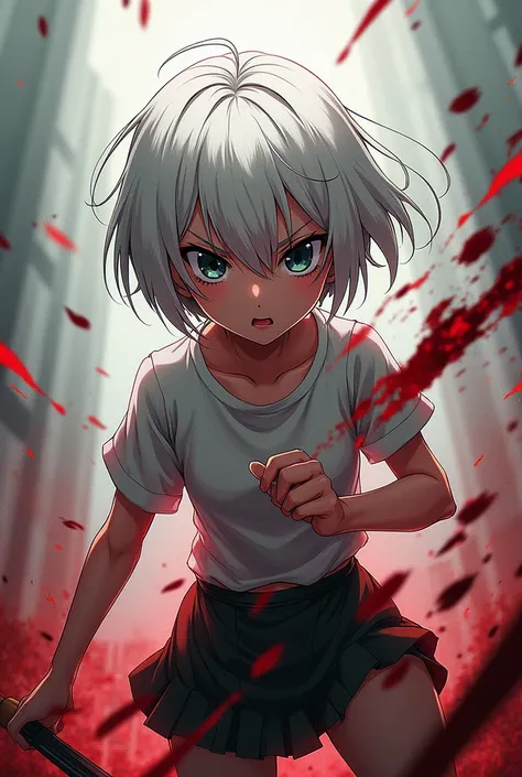 Colorful anime drawing 2D girl blood killing and with black eyes and white hair 