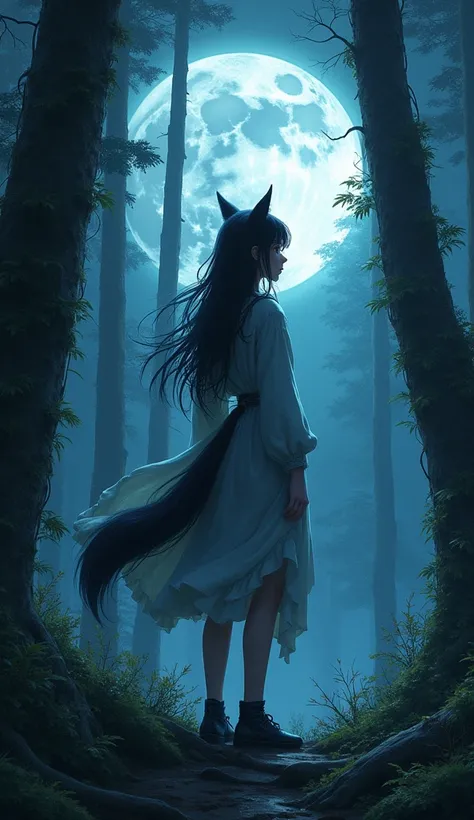 Asian girl with wolf ears and tail, full moon, tall trees, thick foliage, mystical glow and aura, intricate details, high quality