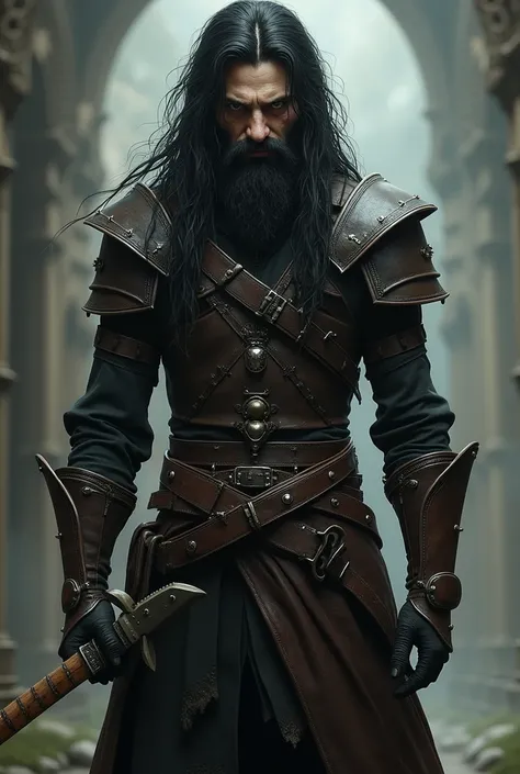 A half-elf man , 180cm tall, 70 kg,  black hair,  long and messy ,  shabby beard, with light leather armor, A rapier around the waist ,  a guitar in the hands and an evil smile.