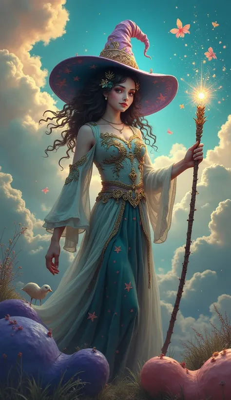 Witch of Dreams
"A surreal witch in a dreamlike setting, with multicolored clouds and fantastic creatures around her. Her outfit appears to be made of stars and translucent veils, and she holds a wand emitting tiny fragments of dreams. Her eyes reflect ima...