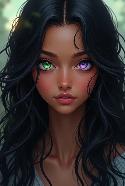 Girl with black wavy hair
-one eye purple and the other green 
- long hair 
- light brown skin color, dark-skinned