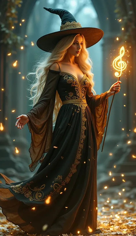 Witch of Music
"A creative witch on a magical stage, surrounded by floating musical notes and self-playing instruments. Her dress features patterns of musical scores glowing with golden light. She holds a scepter shaped like a treble clef, and her magic cr...