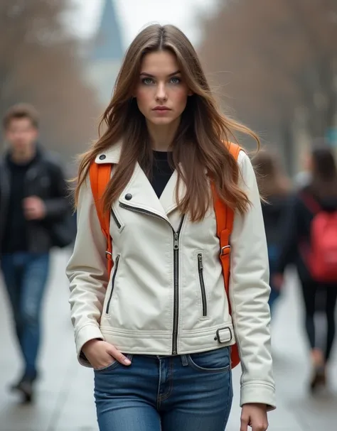 Russian girl supermodel figure ,  brown eyes, long loose brown hair,  white skin . Her face is sad and thoughtful .  The girl wears blue jeans that reach below her hips and a ((( white leather jacket that is completely closed ))).   She walks around a univ...