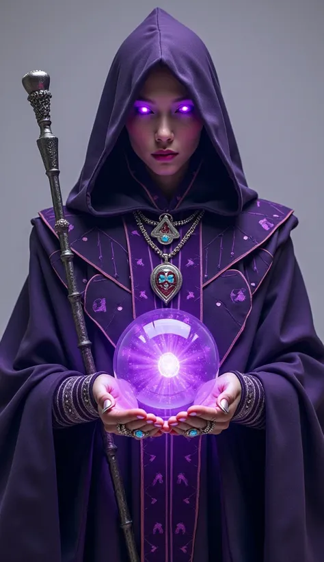    A mysterious and contemporary sorcerer    ,     with a long dark purple robe decorated with bright geometric patterns    ,     who refers to magic runes and technological circuits    .     The hood partially covers the face    ,     revealing intense ey...