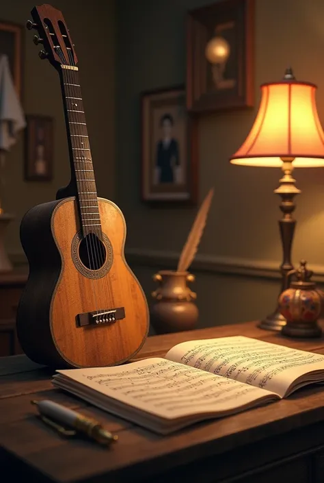 An image of a guitar and some sheet music
