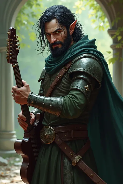 A half-elf man , 180cm tall, 70 kg,  black hair,  long and messy ,  green eyes, Poorly cut and short beard, with light leather armor, A rapier around the waist ,  a guitar in the hands and an evil smile.