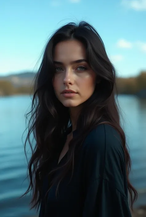 A best hyperealistic UHD HDR 5D cinematic 
A beautiful girl with long, dark hair standing in front of a body of water. The persons face is very beautiful  The person is wearing a dark-colored top. The background features a clear blue sky and calm water, su...