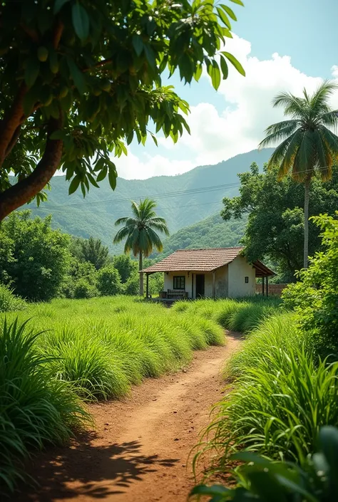 Real photo of a garden of dirt and grass and in the background a simple house with a mango tree in Venezuela in the state of Guarico