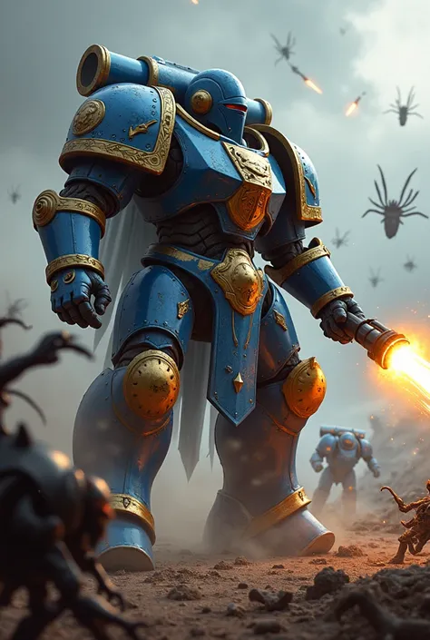 A 40k Warhammer imperial knight in metallic blue , metallic gray and gold with a plasma cannon killing tyrannids in 4k hd quality