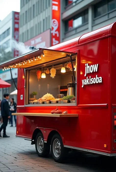 Create a red snack trailer photo written "Jhow Yakisoba " with Yakisoba inside 