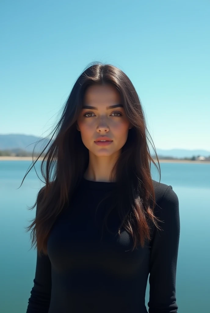 A best hyperealistic UHD HDR 5D cinematic 
A beautiful girl with long, dark hair standing in front of a body of water. The persons face is very beautiful  ,and she look to camera,The person is wearing a dark-colored top. The background features a clear blu...