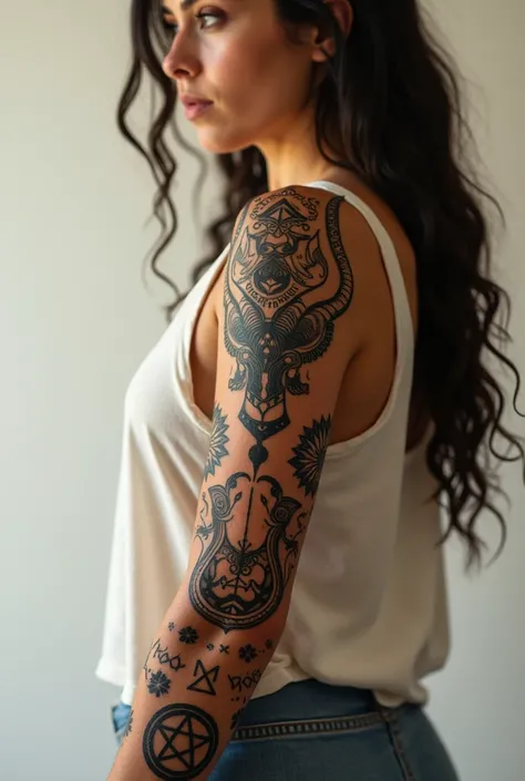 Multiple tattoos of capricorn symbols and witchcraft symbols on a womans realistic arm 