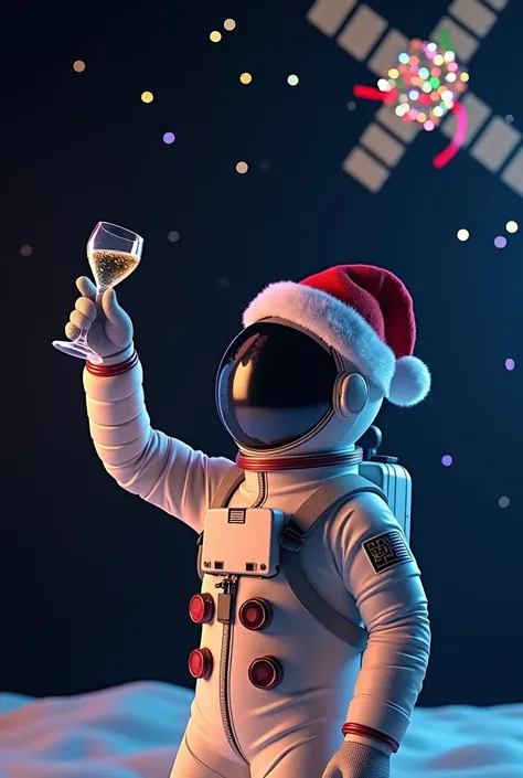  An astronaut dressed in Christmas details  (Santa hat over the helmet ),  raising a glass to give ,  with the satellite of Chasqui2 in orbit decorated with ribbons and lights.