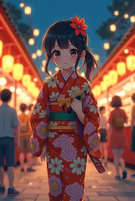 A young girl dressed in brightly colored yukata, holding a fan, strolls through the night market of a summer festival. The background features flickering lanterns and lively stalls. The painting style is lively, with the pattern of yukata as the main color...