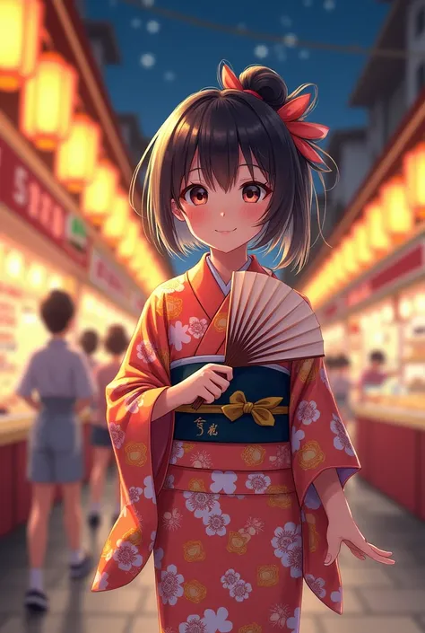 A young girl dressed in brightly colored yukata, holding a fan, strolls through the night market of a summer festival. The background features flickering lanterns and lively stalls. The painting style is lively, with the pattern of yukata as the main color...