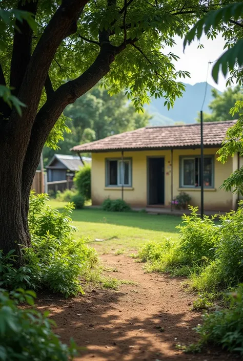 Real photo of a garden of dirt and grass with a tree and in the background a simple house in a town in Venezuela in the state of Guarico