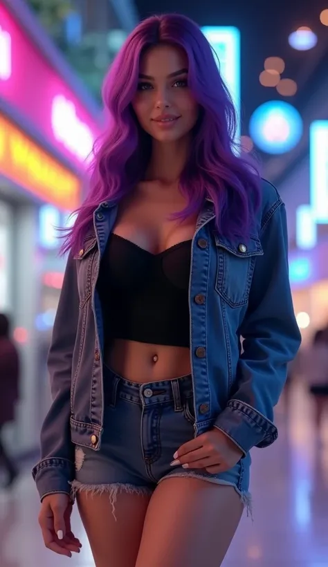 a beautiful woman with a plump body, denim jacket, wearing a black  singlet bertuliskan najk, with big thighs, denim shorts, at a night scene in a mall, highly detailed, 8k, photorealistic, realistic lighting, perfect skin, beautiful face, volumetric hair,...