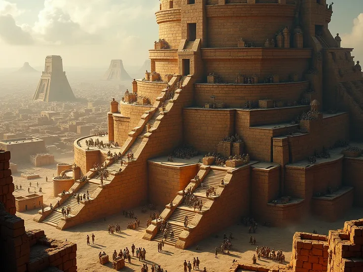 A detailed view of the Tower of Babel’s foundation, showcasing its massive base made of intricately laid bricks that seem to shimmer with an obsidian-like sheen. Workers climb steep ramps that spiral around the tower, carrying heavy loads of materials in a...