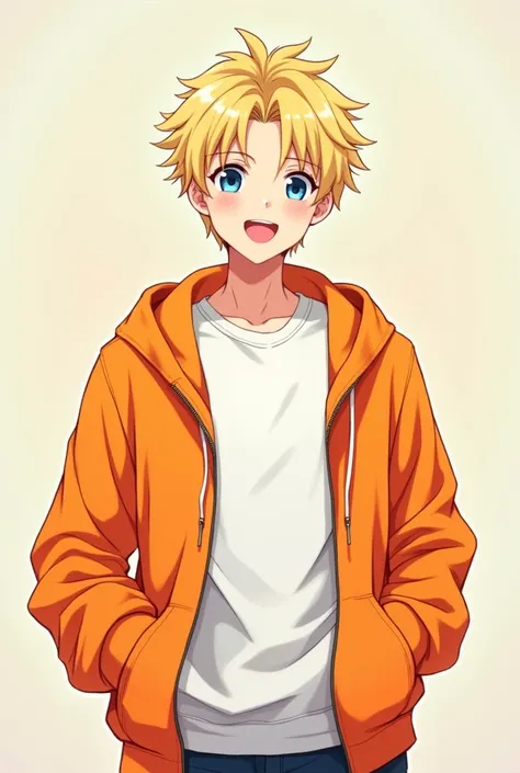 Blond male anime character wearing orange jacket and white sweatshirt 