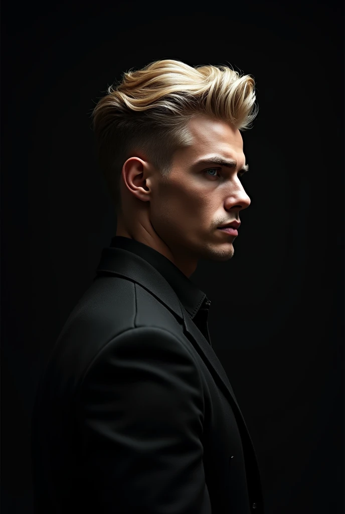 25 year old blond haired man in side profile with black background