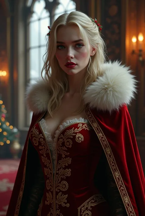  Create a powerful female vampire in her castle, But she wears Christmas clothes , But dont show her cleavage, comfortable clothes