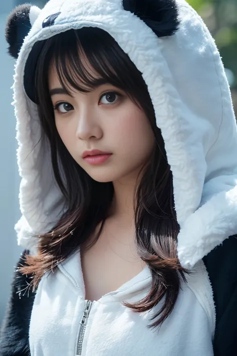 (8k, RAW Photos,Best Quality, High resolution:1.1), (Ultra-realistic:1.4),(Realistic, Realistic:1.3),The beauty of Japan、((Upper Body:1.3)),look up、Shot from above,from side,break, (Fluffy fleece panda hood romper:1.4),