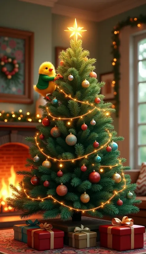 The same canary, now in its green jacket, decorating a large pine tree with bright ornaments, garlands, and a glowing star on top. The scene is set in a cozy living room with a fireplace in the background.
