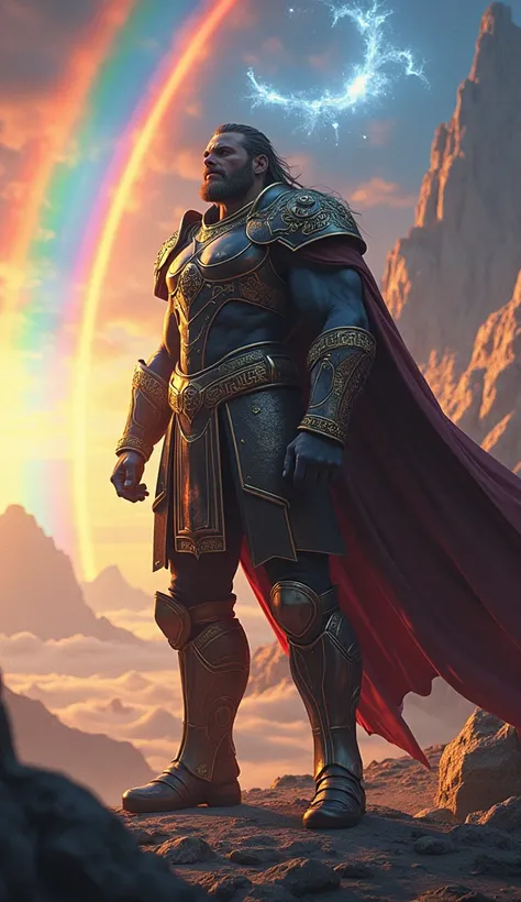 God Heimdall protecting the Bifröst Bridge is a fiery rainbow bridge hyper realistic illustration