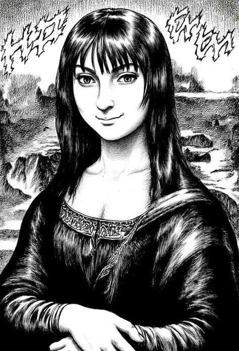 A black-and-white manga-style portrait inspired by the Mona Lisa, featuring an enigmatic character with striking, bold lines and detailed shading. The character’s expression is mysterious, with eyes wide open and a subtle smile, giving a sense of depth and...