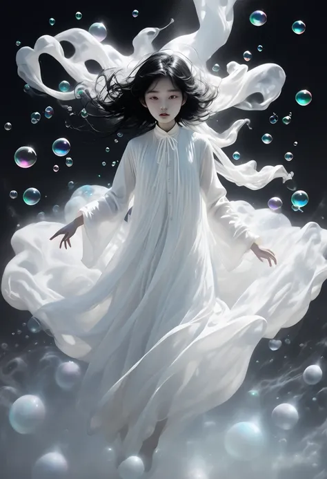  a ghost girl with long flowing black heads (very long) Pretty white clothing ,  he floats in the air as bubbles form around him .