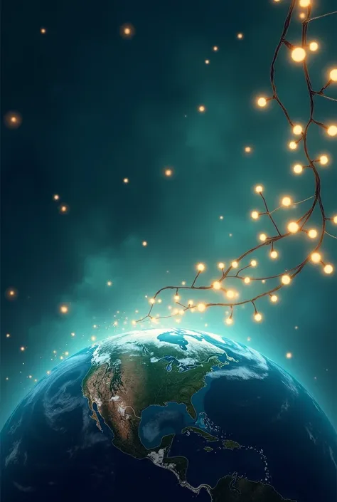  A spatial background with the Earth at the bottom ,  illuminated by soft blue and green tones . In nearby space ,  garlands of Christmas lights floating as if they were constellations ,  with a slightly blurred effect to give a magical and ethereal touch....