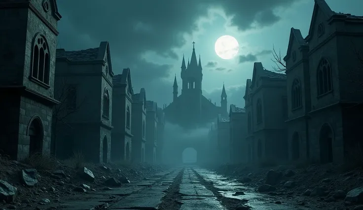 The Cursed City

Prompt: "An abandoned city at night, with decaying, crumbling buildings, broken streets, and an eerie silence. The city is bathed in dim moonlight, partially covered by thick clouds. A cold wind blows, and the air feels heavy with dread. T...