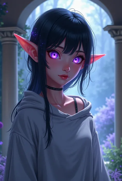 design, black-haired character ,  Elfs Ear, purple eyes, sweatshirt 