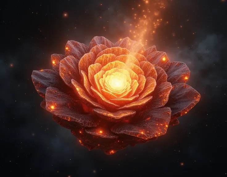 A realistic looking giant organic sentient complexly cut shaped crystal with fire inside and lightening in the center, floating out black in the vastness of outer space with stars around. Surrounded by lots of galactic dust and energy swirls in lava, light...