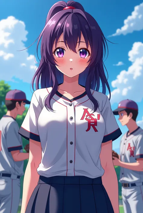 Japanese animation style、 high school girl、Baseball players、 Baseball Cap 、Dark Purple Long Hair、single ponytail、 purple pupils、 full breasts 、From Taiwan