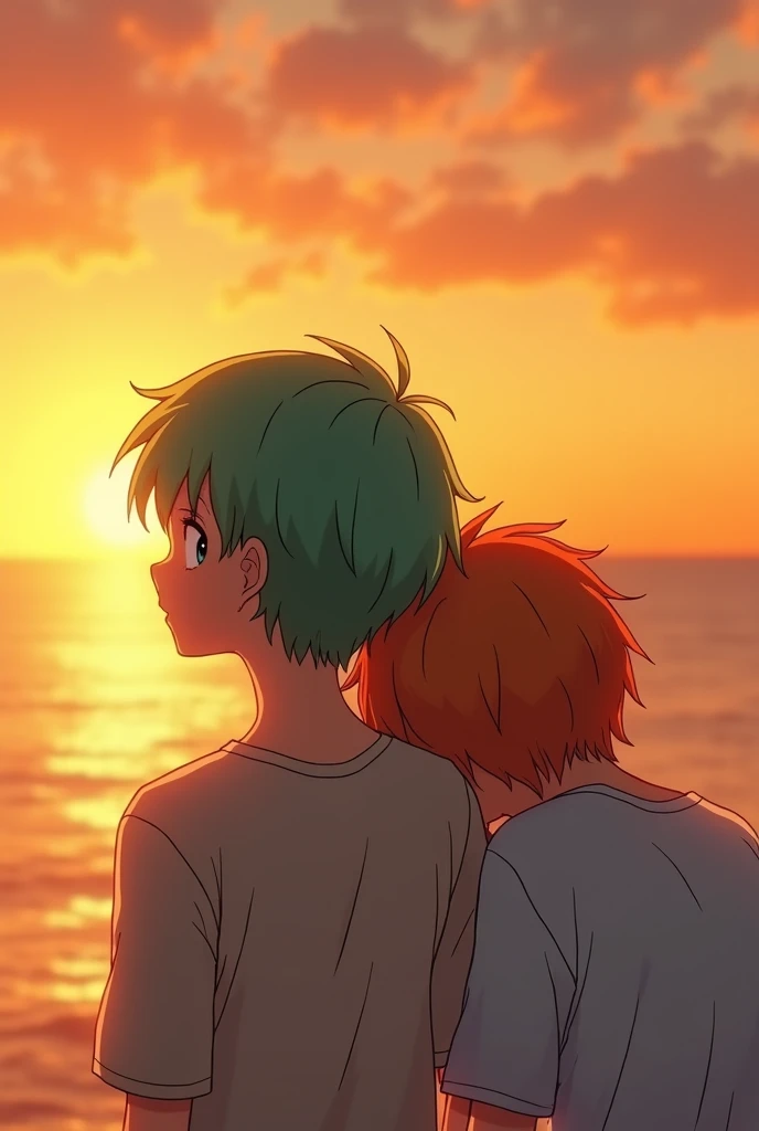 Mint green haired boy leans his head on orange haired boys shoulder. They are at the seaside during a nostalgic sunset. Their backs are turned to the photo angle. The photo is generally dominated by orange and yellow tones. The summer air is felt. Realisti...