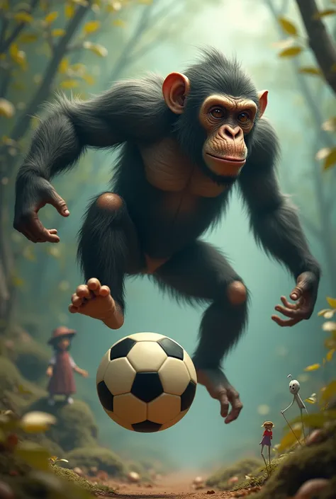 Do an ape doing an acrobatics in the air with a soccer ball giving a puppet 