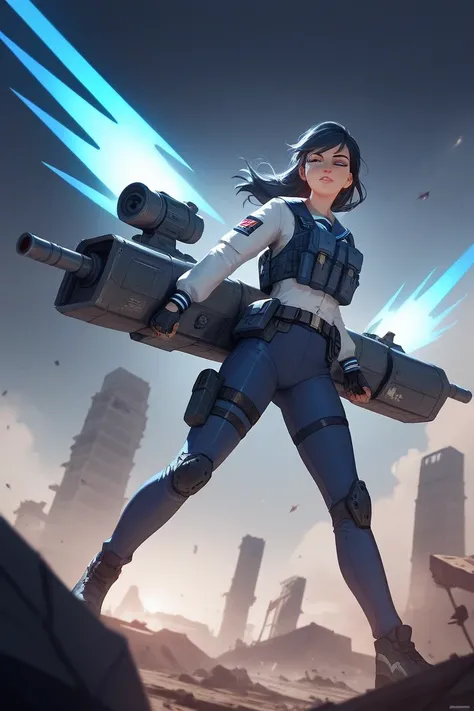 A scene depicting a high school girl with straight, long black hair wearing a traditional sailor uniform. She is equipped with a tactical plate carrier on her chest and carrying a futuristic railgun. The railgun features a sleek, elongated barrel glowing w...