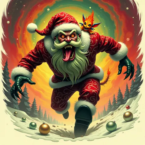 A high-contrast, grainy 1960s film-style illustration on a creamy white canvas.  A monstrous Santa Claus, in the style of Alberto Seveso and Russ Mills, leaps through a swirling vortex of blazing red, electric green, molten yellow, and burnt orange, surfin...