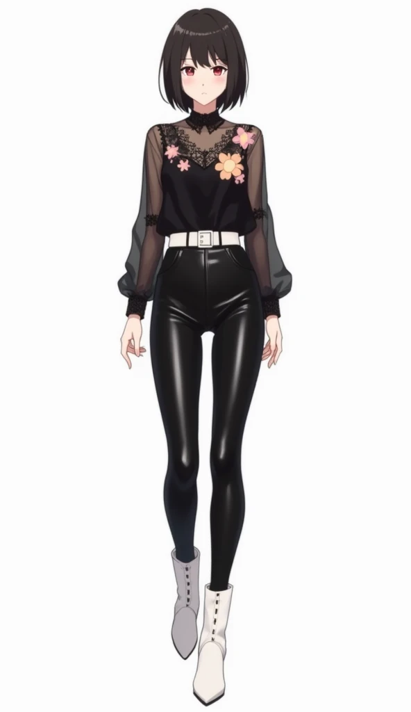 An anime teenage woman wearing a semitransparent black lace blouse,  decorated with floral details in shades of pink and beige .  She wears tight pants made of leather or vinyl material in black color ,  combined with a white belt that highlights her waist...