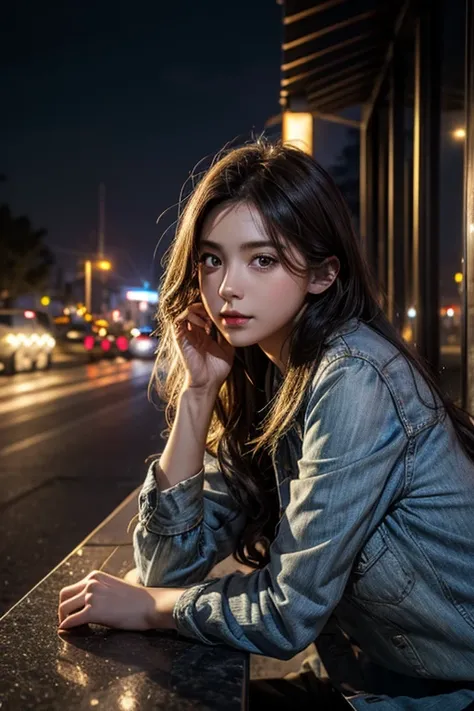 1girl, rest area, night, city lights, 8k, RAW photo, best quality, masterpiece, realistic, photo-realistic,