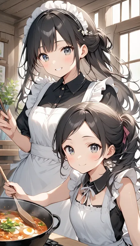  girl、White Toso 、Guided hair 、 beautiful hair、 he stares at me with a strange expression.cute、 shy front 、village、Wooden House、 girl、 has a nice smile、(Panties visible )、((Hairstyle half up))、Bangs up、 innocent smile、black hair、Black and white clothes、 si...