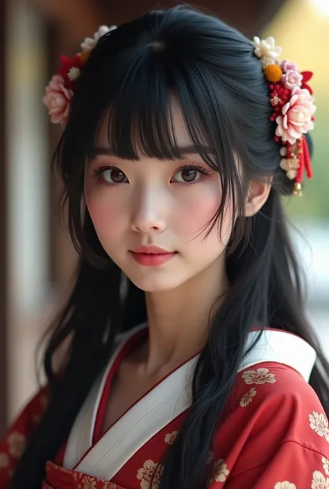 (8k, best quality, masterpiece, ultra highres:1.2),Photo of Pretty Japanese girl,(detailed_face),solo,looking at viewer, 19 ans, cheveux noirs, cheveux longs, yeux noisette, kimono traditionnel japonais 