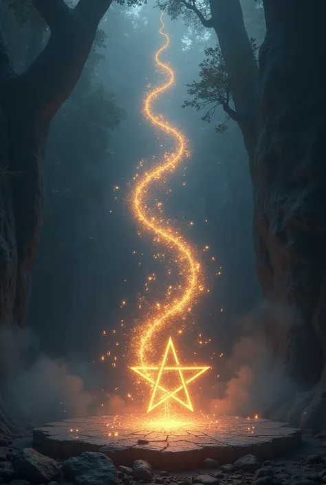 a pentagram with notes rising in an arc of light