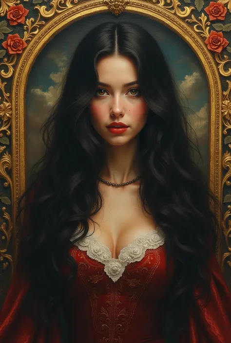 a beautiful woman with long dark hair, intricate floral patterns, ornate gold frame, classical renaissance style, oil painting, hyperrealistic, cinematic lighting, dramatic shadows, vibrant colors, chiaroscuro, detailed facial features, piercing gaze, enig...