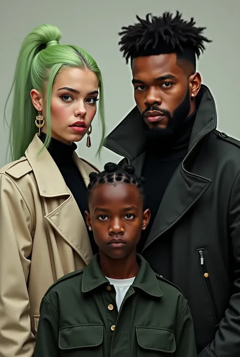 Make a very realistic picture of billie eilish and the weekend standing next to a black 19 year old boy