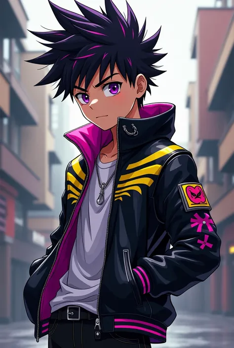 Anime boy with spiky black hair with magenta streaks in it. Wearing a black leather jacket with yellow and purple streaks in it. With a pair of black jeans 