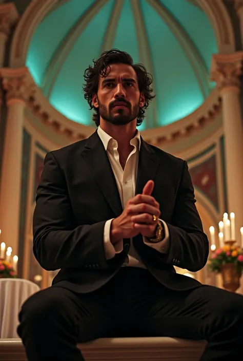  Create an image of a muscular Italian man with middle curly hair brushed backwards wet,  wears loose black suit with white shirt slightly buttoned underneath , sitting claping  on a marble altar in a church in Venice ,  with aqua-colored dome ,  in front ...