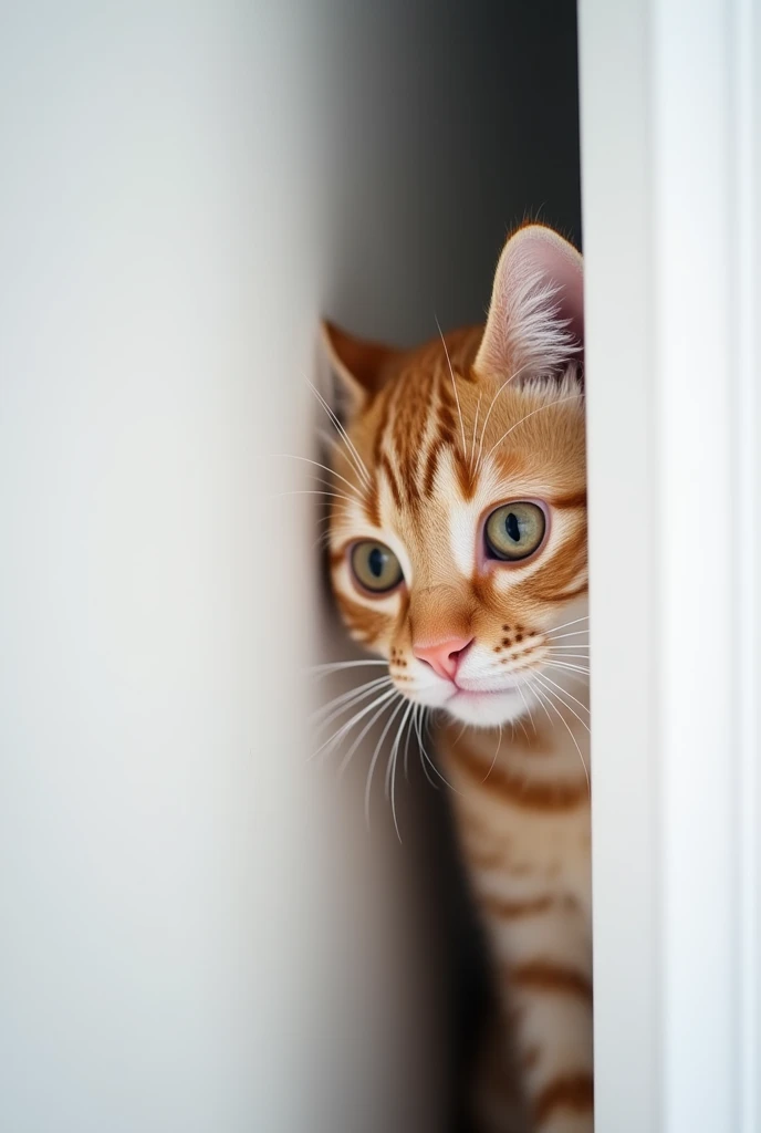 A close-up of a curious ORANGE BIG SCOOTISH cat peeking around a vertical white wall, its expressive face partially concealed. Minimalistic, with a soft focus on the subjects features, in an intimate, serene atmosphere. Monochromatic color scheme high cont...